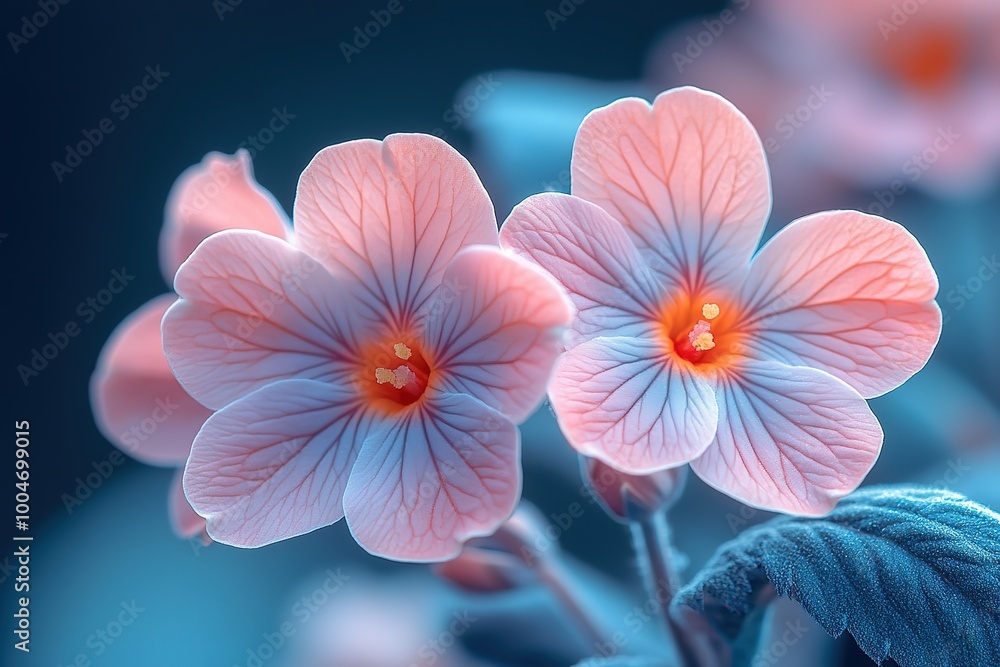 Two pink flowers with white petals are in a blue background Two pink flowers with white petals are in a blue background