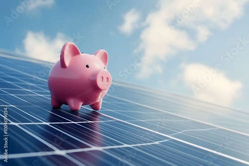 Piggy bank on solar panels with blue sky