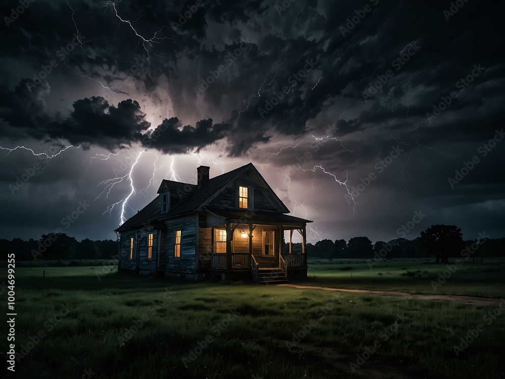 Lightning striking behind a spooky haunted house at night. Lightning striking behind a spooky haunted house at night.