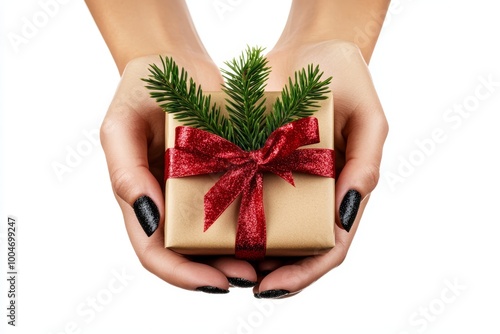 Hands present a neatly wrapped gift with a red ribbon and green foliage, capturing a festive spirit perfect for celebrations