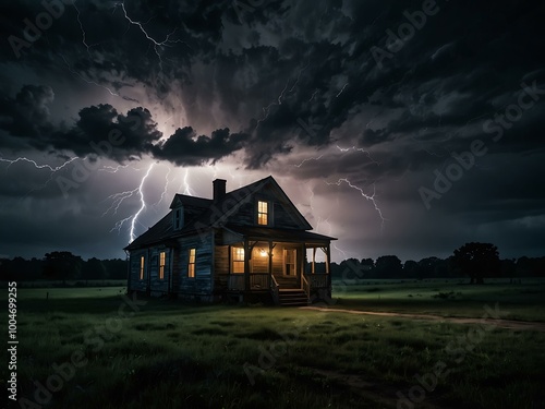 Lightning striking behind a spooky haunted house at night.