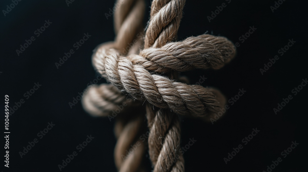 Detailed Macro Close-Up of a Rope Knot with Textured Fibers Against a Dark Background Detailed Macro Close-Up of a Rope Knot with Textured Fibers Against a Dark Background