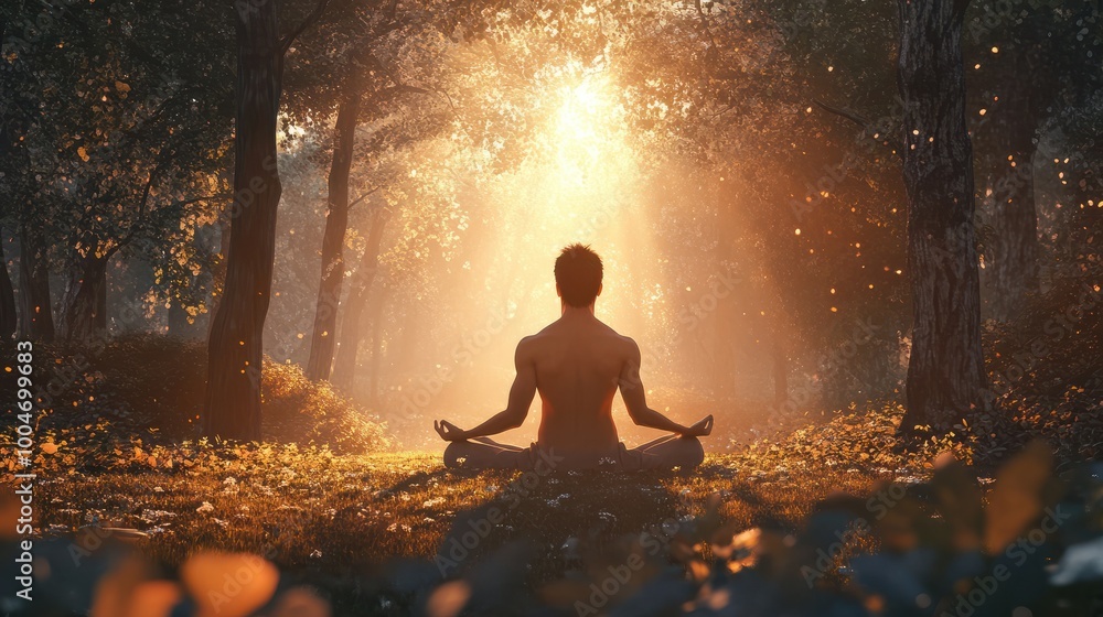 Obraz premium Young man meditating in the forest at sunset, back view
