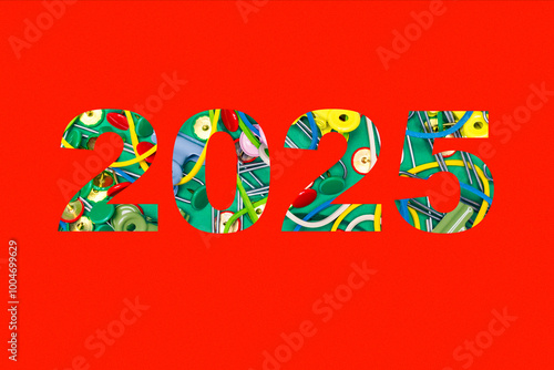 A colorful 2025 design on a bright red background with bright numbers filled with stationery in different colors.
