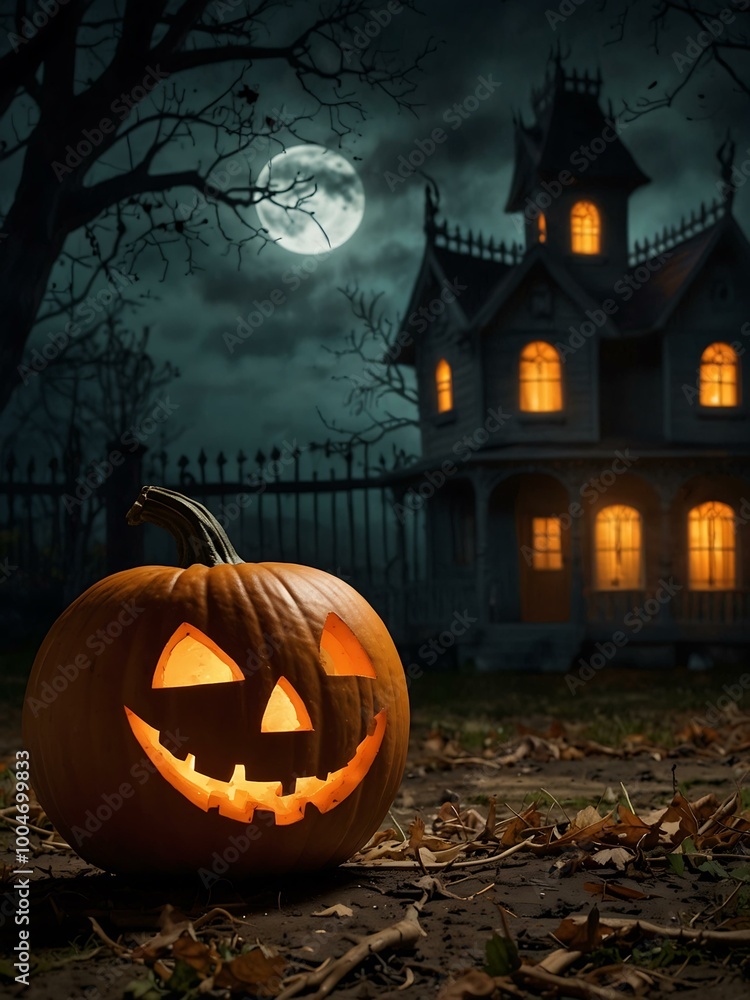 Lit pumpkin sitting in front of a haunted house. Lit pumpkin sitting in front of a haunted house.