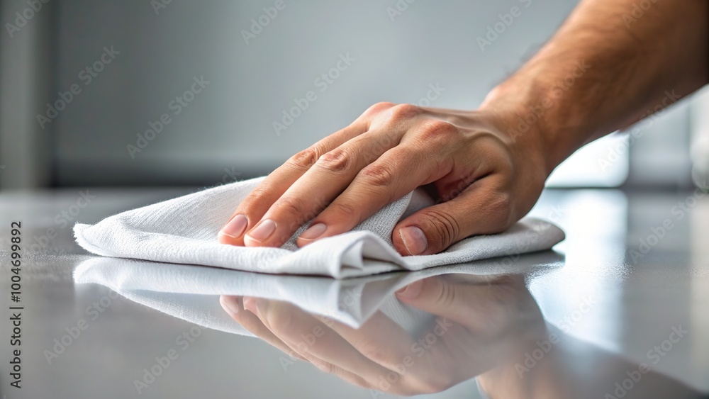 A close-up shot of a lone hand wiping a smooth surface with a white cloth, leaving streak-free shine, against a blurred gray background. A close-up shot of a lone hand wiping a smooth surface with a white cloth, leaving streak-free shine, against a blurred gray background.