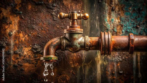 Water drips slowly from a rusty copper pipe with a small leak, surrounded by worn valves and fittings, against a dark stone background. photo