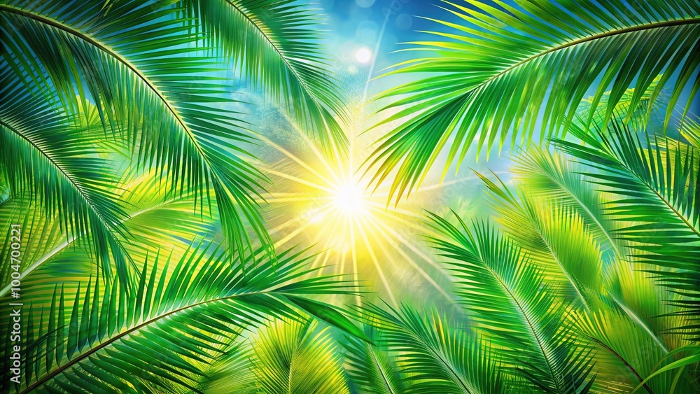 Vibrant summer background featuring lush green palm leaves, radiant sun, and abstract white brush strokes, perfect for creative graphic designs and seasonal projects. Vibrant summer background featuring lush green palm leaves, radiant sun, and abstract white brush strokes, perfect for creative graphic designs and seasonal projects.
