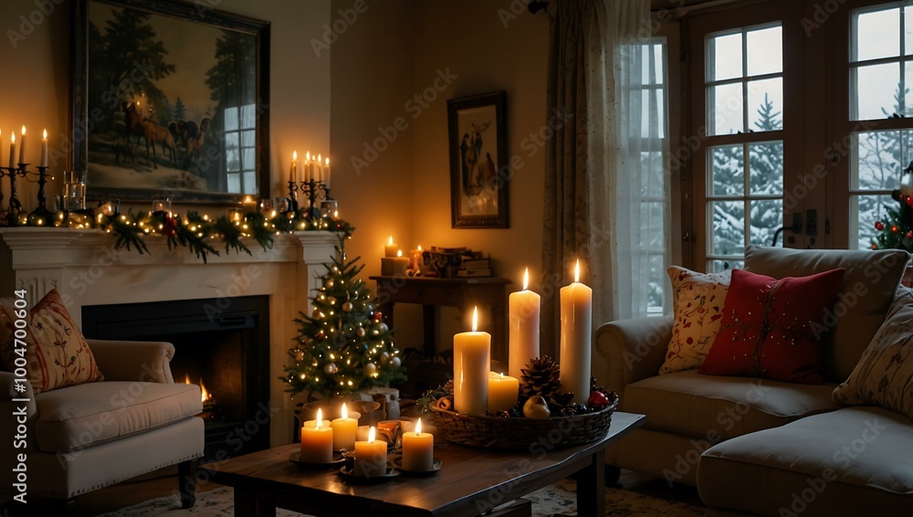 Living room with candles and a well-lit Christmas tree for the season. Living room with candles and a well-lit Christmas tree for the season.