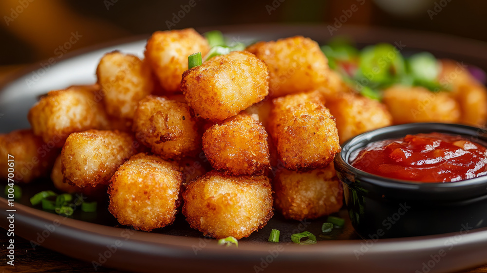 Plate of crispy tater tots with ketchup dip garnished with green onions. Plate of crispy tater tots with ketchup dip garnished with green onions.