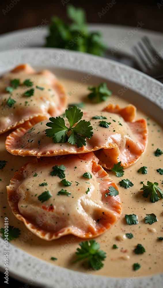 Lobster ravioli in creamy pink sauce, garnished with fresh parsley. Lobster ravioli in creamy pink sauce, garnished with fresh parsley.