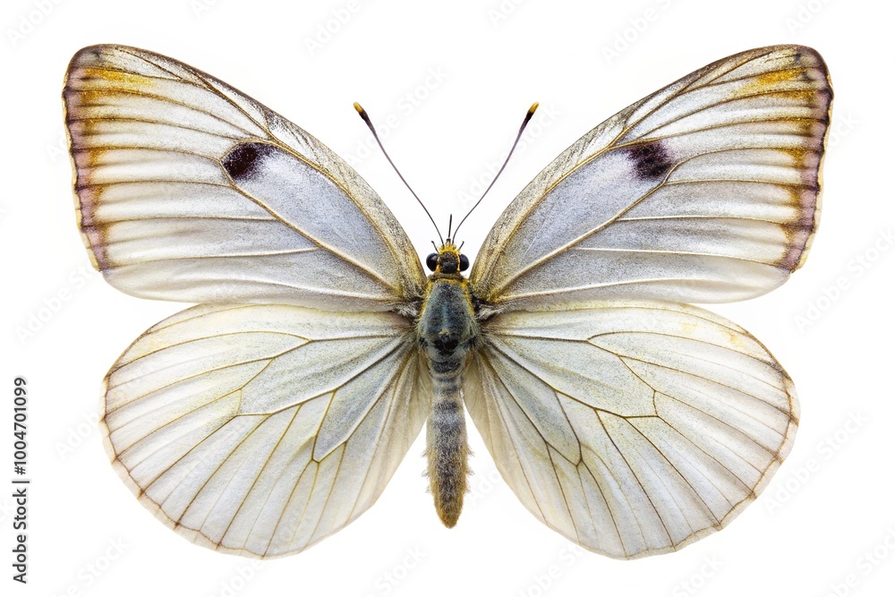 Fototapeta premium Delicate white butterfly with intricate wings and body perches on a clean white background, showcasing its elegant beauty and subtle texture in isolation.