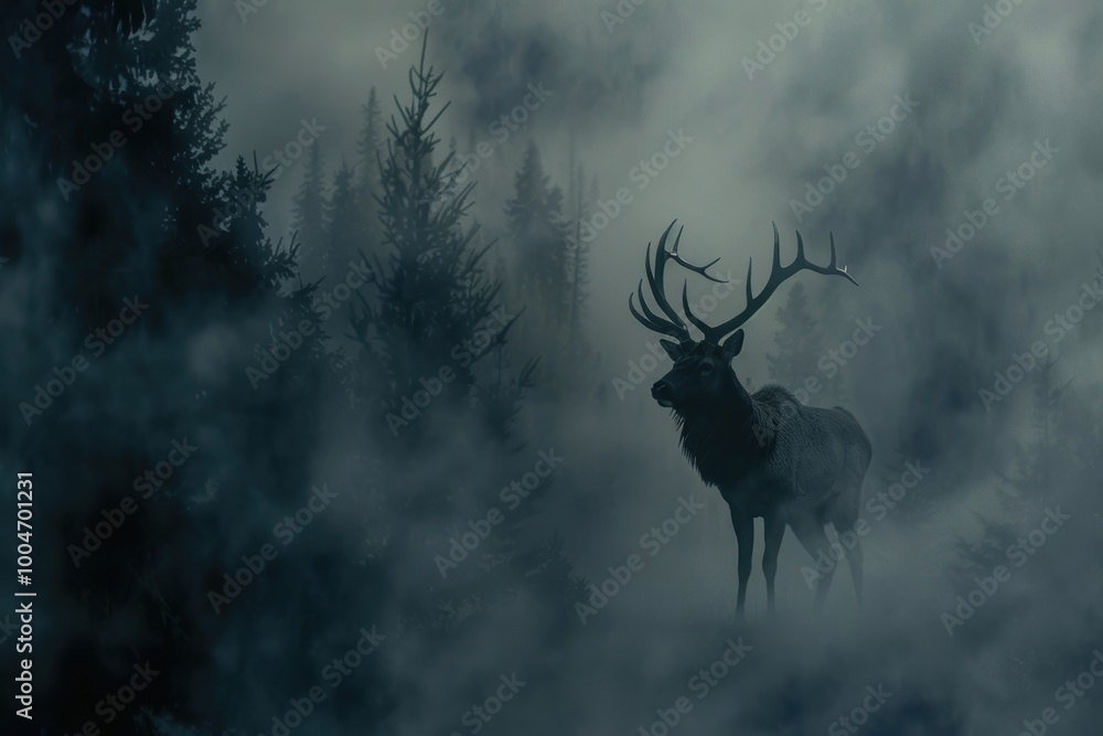 Majestic Elk in a Fog-Covered Forest - Early Morning Light and Mystical Atmosphere for Nature Photography Majestic Elk in a Fog-Covered Forest - Early Morning Light and Mystical Atmosphere for Nature Photography