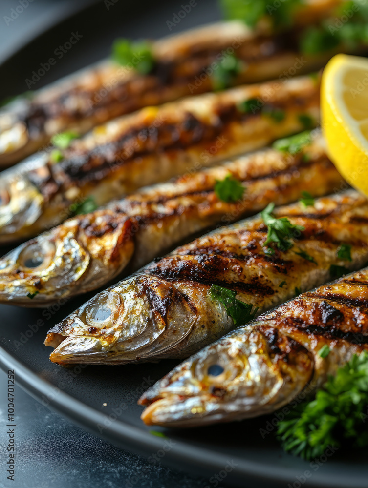 Grilled fish garnished with herbs and lemon on a plate Grilled fish garnished with herbs and lemon on a plate