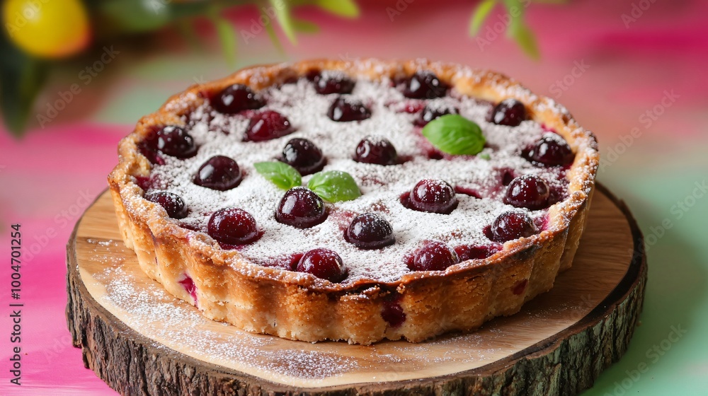 Cherry clafoutis with powdered sugar, displayed on a rustic wooden board against a neon pink and green abstract background Cherry clafoutis with powdered sugar, displayed on a rustic wooden board against a neon pink and green abstract background