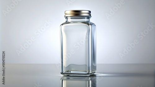 A clear glass rectangular bottle with a silver lid and label stands upright on a white background, surrounded by soft shadows and subtle reflections.