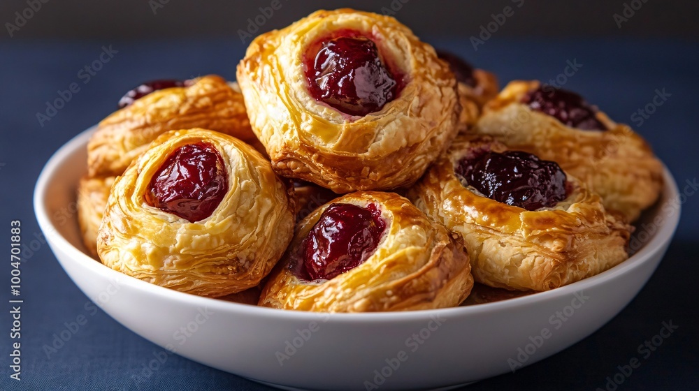 Cherry-stuffed puff pastries, placed on a white ceramic dish with a deep navy-blue background Cherry-stuffed puff pastries, placed on a white ceramic dish with a deep navy-blue background