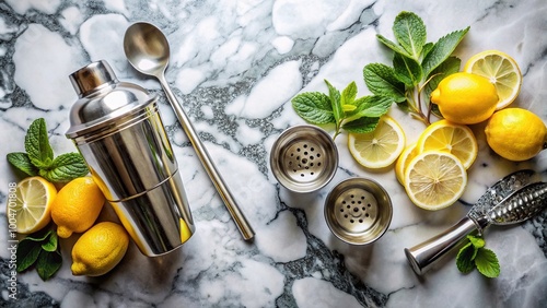 Luxurious bar essentials, including shaker, jigger, strainer, and spoon, garnished with fresh lemon and mint leaves, on a stylish marble background with ample copy space. photo