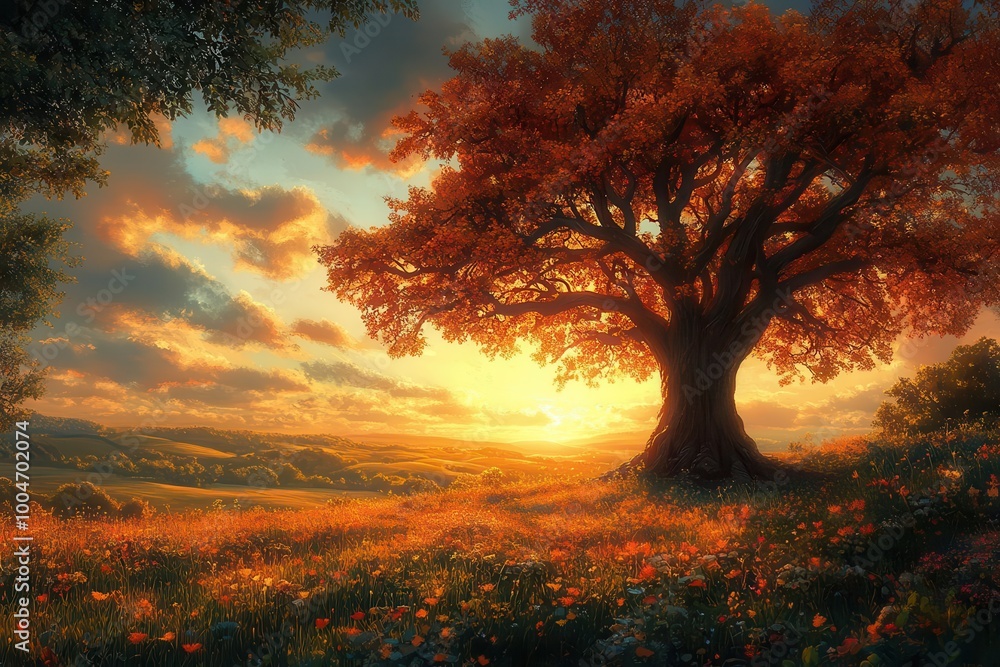 Obraz premium a picturesque landscape featuring a giant tree standing majestically in the foreground with sprawling fields and a stunning sunset creating a captivating scene