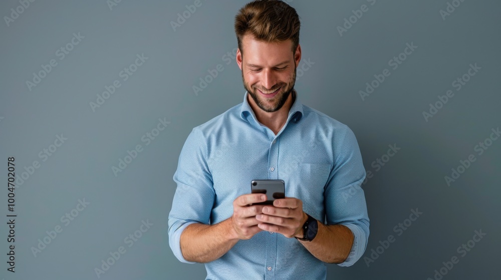 Smiling Businessman Using Smartphone in Modern Context Smiling Businessman Using Smartphone in Modern Context