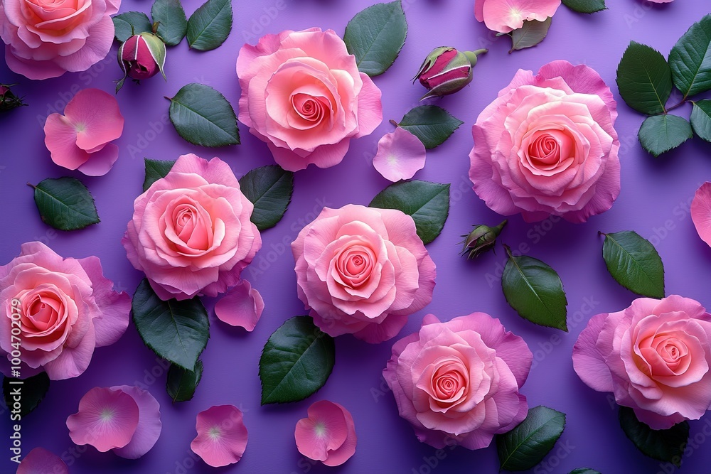 A purple background with pink roses and green leaves A purple background with pink roses and green leaves