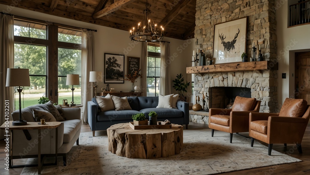 Fototapeta premium Luxurious farmhouse living room with mid-century rustic furniture.