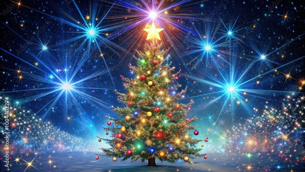 Obraz premium Vibrant starburst explosion of colorful lights and glittering stars against dark blue night sky with snowflakes gently falling around a majestic Christmas tree silhouette.