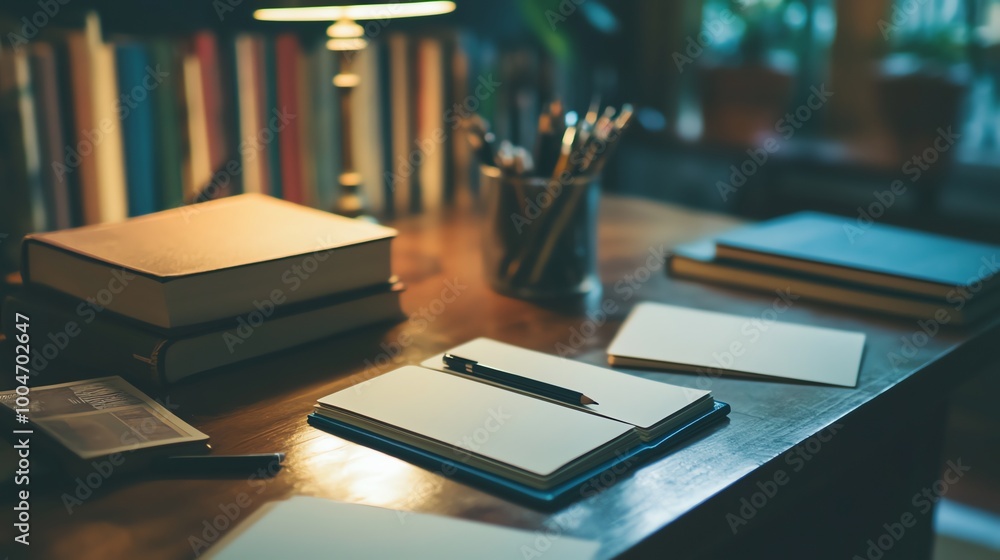 A desk with books, pencils, and an open notebook, perfect for writing. A desk with books, pencils, and an open notebook, perfect for writing.