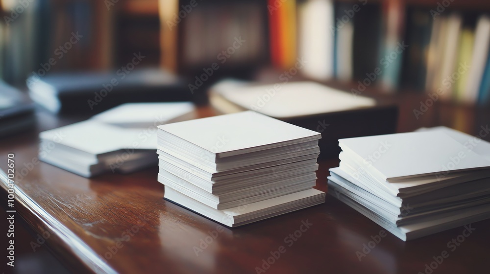 A stack of blank white cards on a wooden desk, with a blurred bookcase in the background. A stack of blank white cards on a wooden desk, with a blurred bookcase in the background.