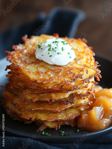 Golden brown potato pancakes with sour cream and applesauce. photo