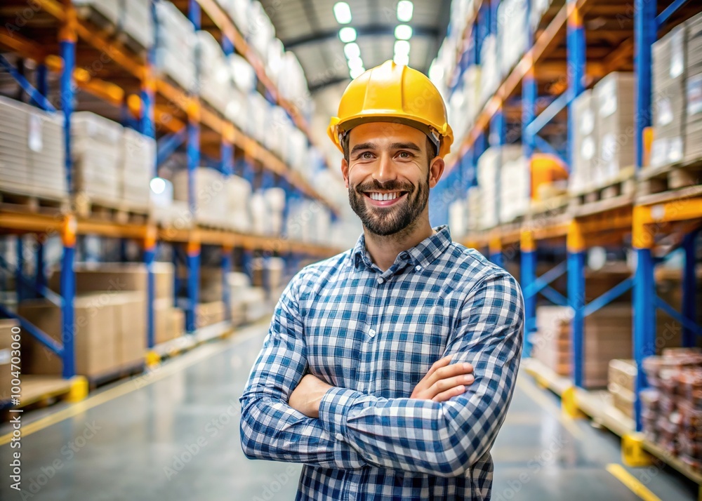 Happy young worker man factory manager working in warehouse while smiling - Generative AI Happy young worker man factory manager working in warehouse while smiling - Generative AI