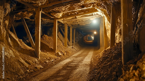 A passage carved through a mountain, or a mining shaft, a mining tunnel that has been drilled by special machines and supported by wooden beams, a mining corridor leading to ore.