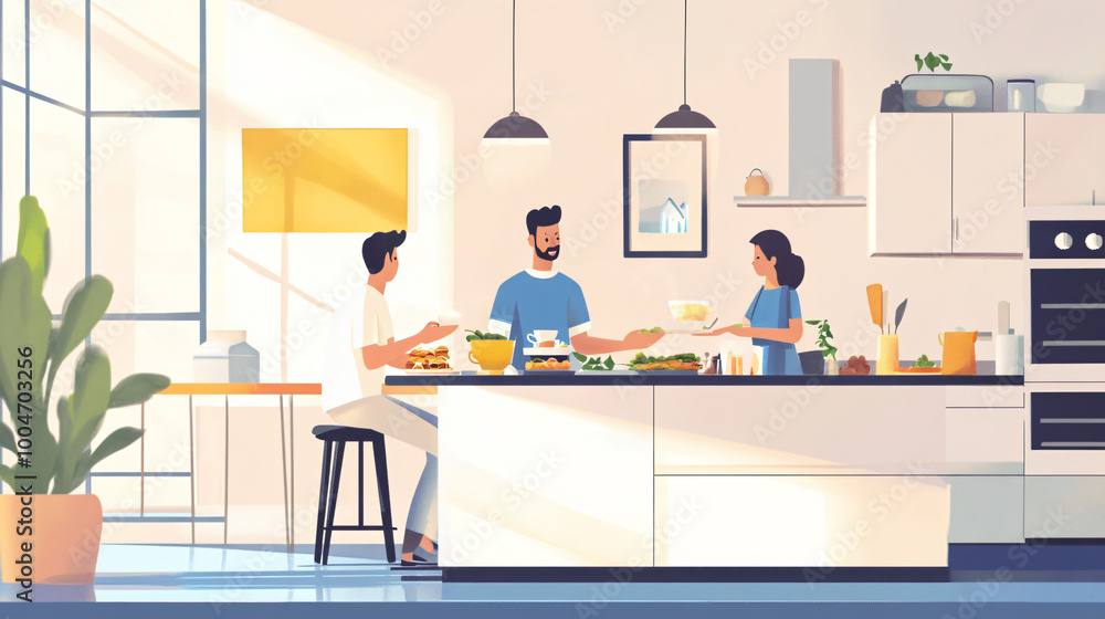 Fototapeta premium A family preparing breakfast together in a bright, modern kitchen. 