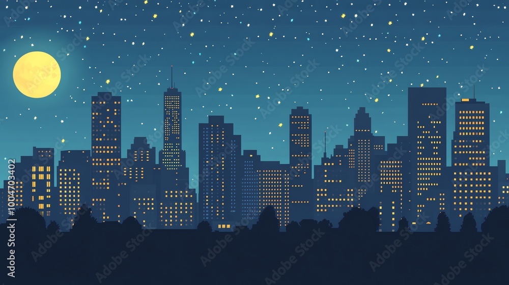 A cityscape with a large moon and bright stars in the night sky. A cityscape with a large moon and bright stars in the night sky.