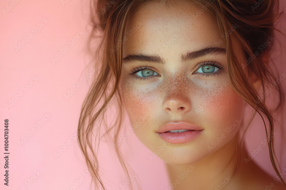 a portrait of a beautiful young woman with radiant skin elegantly captured against a soft pink background exuding freshness and beauty in a minimalist setting a portrait of a beautiful young woman with radiant skin elegantly captured against a soft pink background exuding freshness and beauty in a minimalist setting