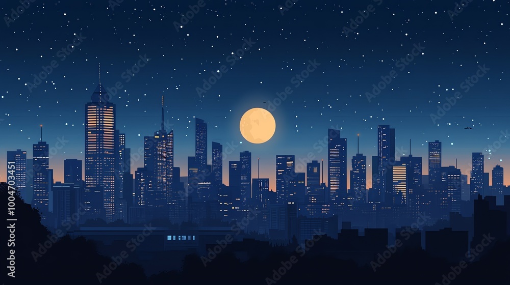 A beautiful night sky over a city skyline with a full moon. A beautiful night sky over a city skyline with a full moon.