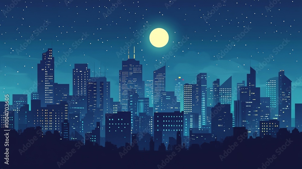 A cityscape with a full moon and stars. A cityscape with a full moon and stars.