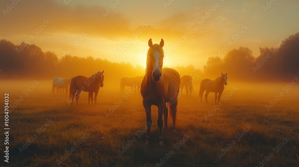 A herd of horses stand in a field, bathed in the golden light of sunrise, as fog swirls around them. A herd of horses stand in a field, bathed in the golden light of sunrise, as fog swirls around them.