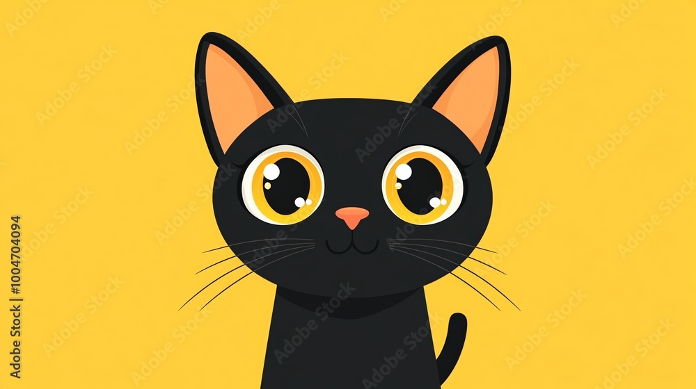 Cute cartoon black cat with big eyes on yellow background. Cute cartoon black cat with big eyes on yellow background.
