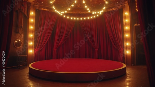 A stage with red velvet curtains and a circular platform, waiting for the show to begin. photo