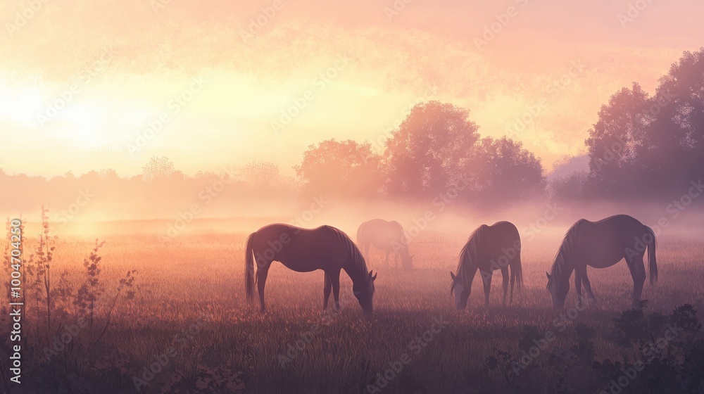 Silhouettes of horses grazing in a foggy field at sunrise, the soft light creating a peaceful and ethereal atmosphere. Silhouettes of horses grazing in a foggy field at sunrise, the soft light creating a peaceful and ethereal atmosphere.