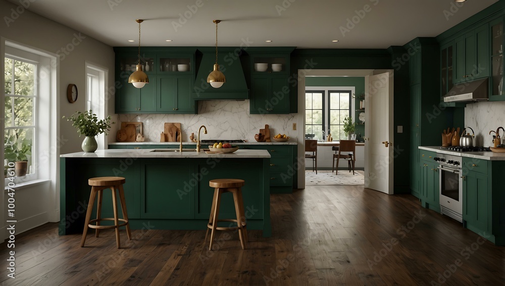 Kitchen with dark green cabinets and wooden flooring. Kitchen with dark green cabinets and wooden flooring.