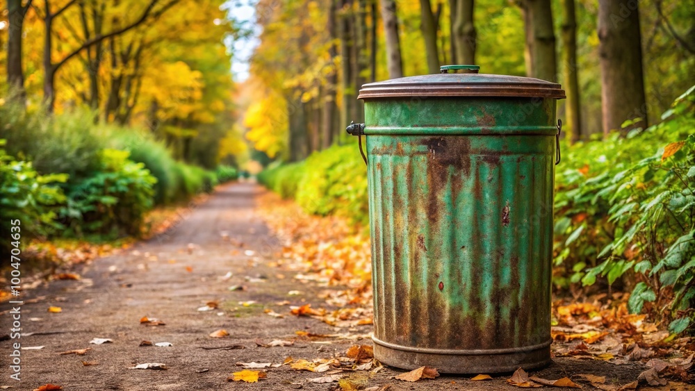 A rusted metal trash can with a faded green lid sits alone on a dirt path surrounded by lush greenery and fallen autumn leaves outdoors. A rusted metal trash can with a faded green lid sits alone on a dirt path surrounded by lush greenery and fallen autumn leaves outdoors.