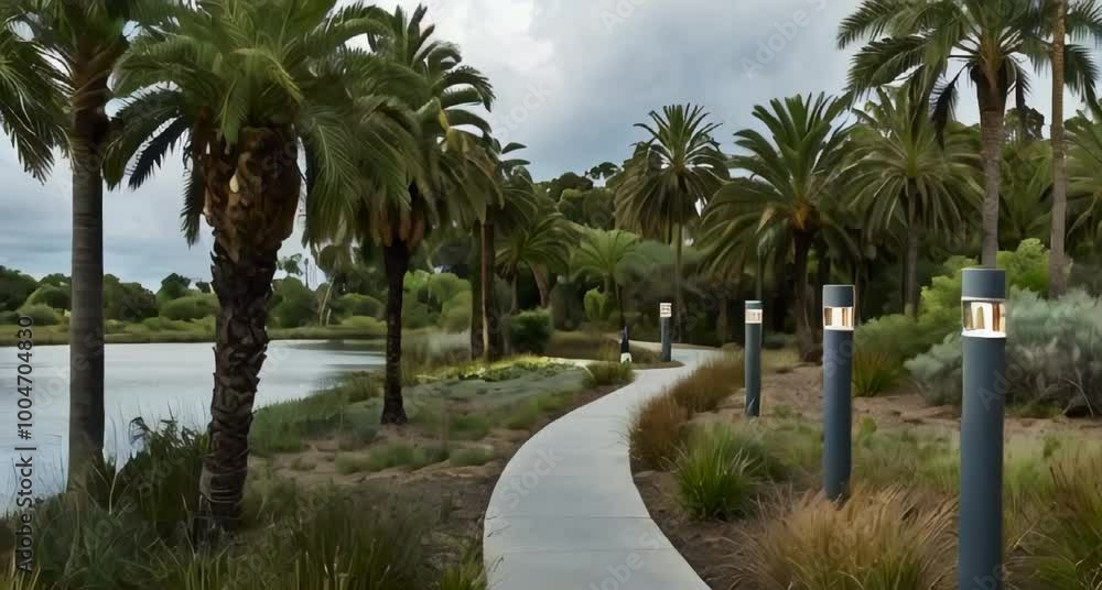 a modern concrete pathway that splits into two directions, bordered by lush greenery. Along the pathway, there are sleek, cylindrical bollard lights with a metallic finish, illuminating the path a modern concrete pathway that splits into two directions, bordered by lush greenery. Along the pathway, there are sleek, cylindrical bollard lights with a metallic finish, illuminating the path