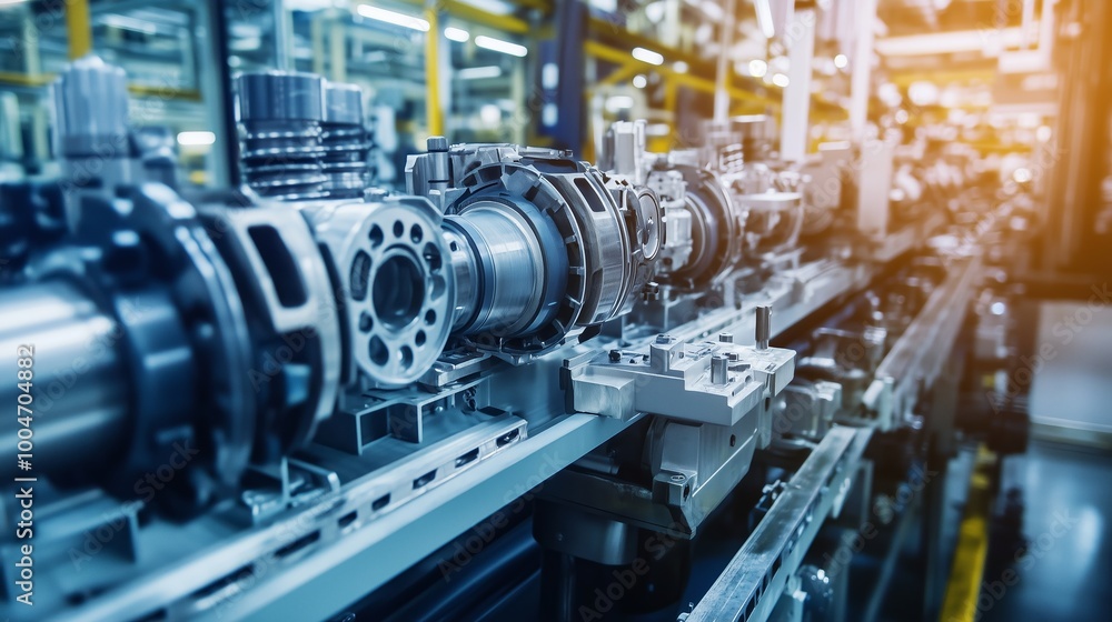 Industrial manufacturing machinery in action at a modern factory, showcasing intricate components and assembly line activity Industrial manufacturing machinery in action at a modern factory, showcasing intricate components and assembly line activity