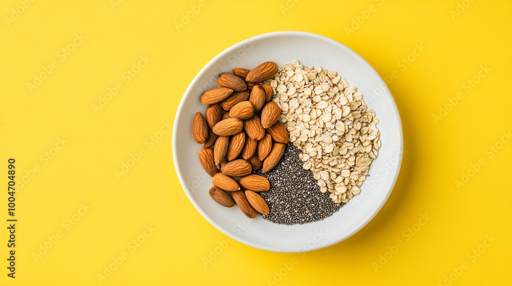 Flat lay of raw oats, chia seeds, and almonds, arranged on a clean white plate with a bright neon yellow background Flat lay of raw oats, chia seeds, and almonds, arranged on a clean white plate with a bright neon yellow background