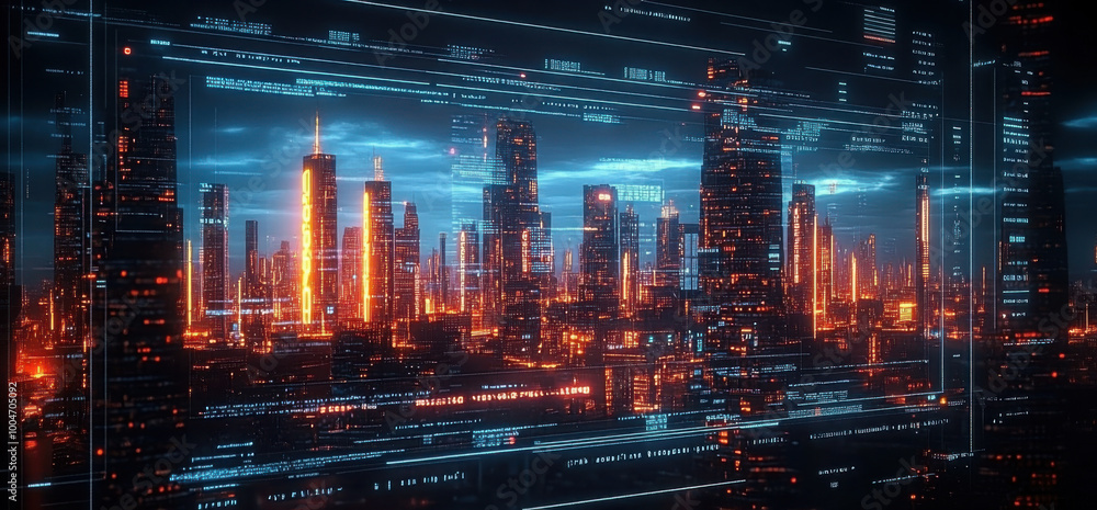 A night city surrounded by an abstract gradient blue and red glowing light trail, a smart city utilizing big data technology. A night city surrounded by an abstract gradient blue and red glowing light trail, a smart city utilizing big data technology.