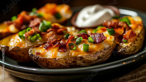 Close-up of cheesy stuffed potato skins with bacon and green onions.