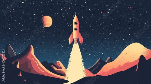 A retro-style illustration of a rocket launching from a planet with a bright orange moon in the background.
