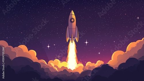 A rocket launches into a starry night sky, leaving behind a trail of smoke and fire.